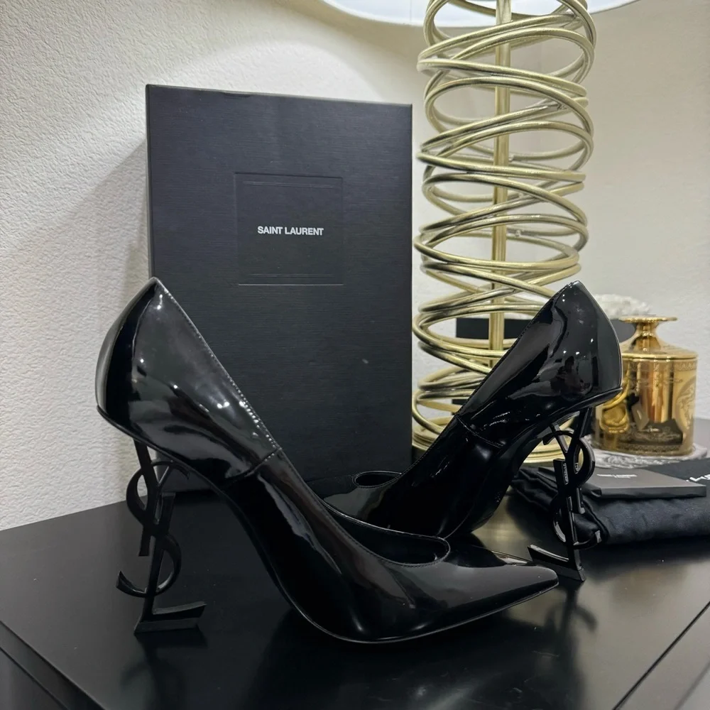 Saint Laurent YSL Opyum 110 Logo Heel Pump Patent Black 38 - Picture 8 of 10